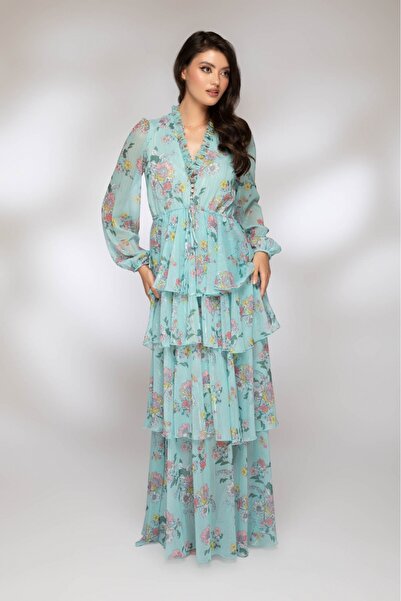 Atmosphere Fashion Rochie lungă din voal albastru cu imprimeu floral