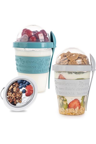 Righton 4-Piece 600 ml Takengo Fruit Yogurt and Musli Container with Spoon and Bowl Practical Portable Cup with Lid