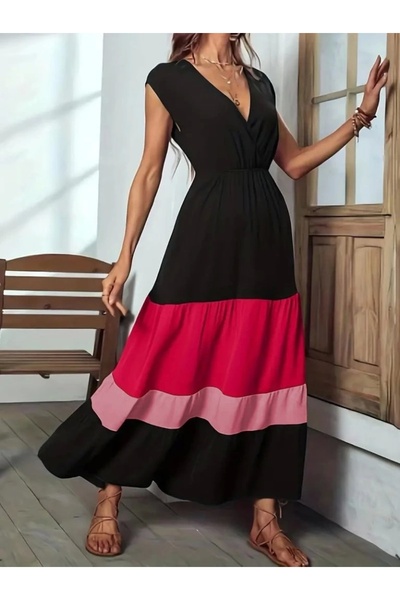 MODA55 Γυναικείο κοντομάνικο διπλό γιακά πολύχρωμο φόρεμα Aerobin