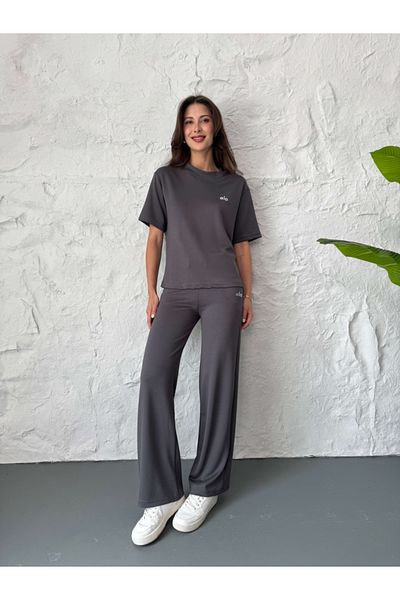 Elif Özbey Butik Anthracite Print Detailed Short Sleeve Suit