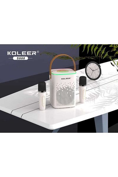KOLEER High Power Portable Bluetooth Karaoke Speaker 360 Stereo Surround Wireless with Dual Microphone White