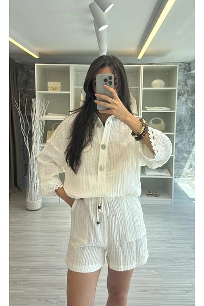 Lady Pixie Women's Muslin Lace Detailed Shirt Shorts Set