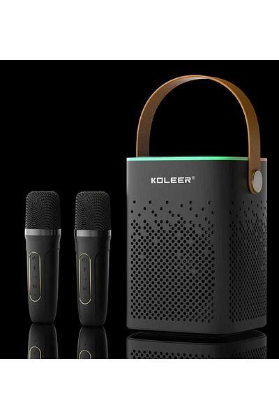 KOLEER High Power Portable Bluetooth Karaoke Speaker 360 Stereo Surround Wireless with Dual Microphone Black