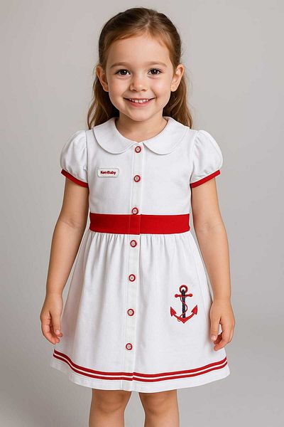GAMZEAKKUŞ Baby Collar, Front Buttoned Anchor Patterned Cotton Sports Children's Dress