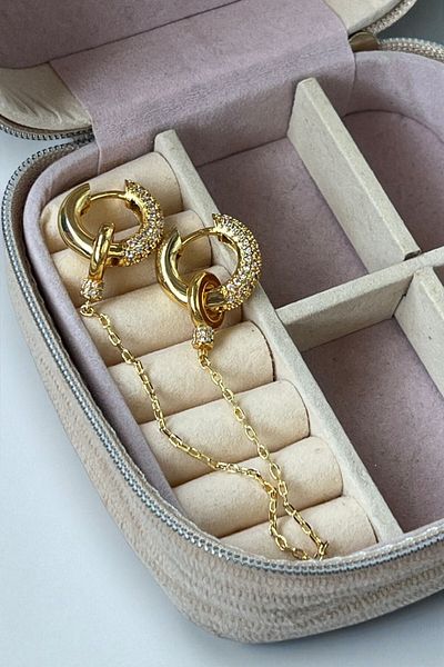 MUTENA Gold Hoop Earrings with Double Stone Removable Chain Detail