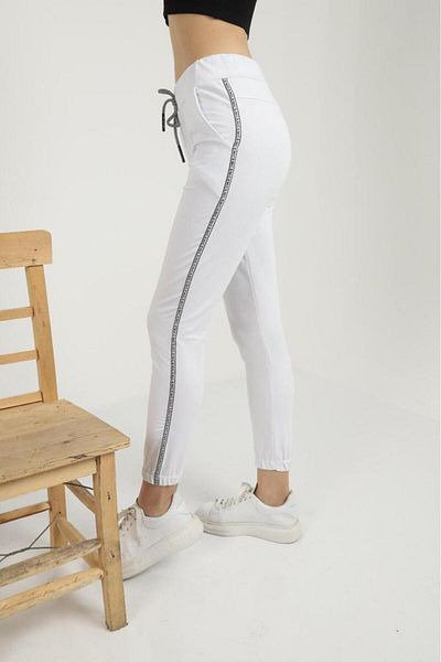 Intisimo Women's Sports Pants, Side Stripe, Cotton, White - L