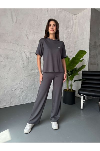 Elif Özbey Butik Anthracite Print Detailed Short Sleeve Suit
