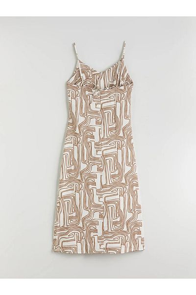 LC Waikiki Lcwaikiki Classic Ecru V-Neck Patterned A-Line Dress