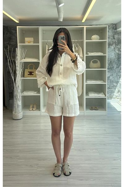 Lady Pixie Women's Muslin Lace Detailed Shirt Shorts Set