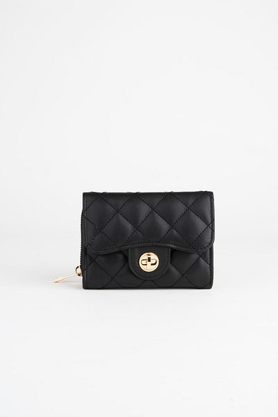 Vivaq Women's Black Small Size Quilted Zippered and Flip Lock Closure Faux Leather Wallet