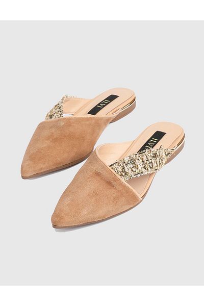 İLVİ Dylan Suede Leather Fabric Beige Women's Slippers