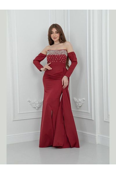 Nice Model Burgundy Off Shoulder Evening Gown Crystal Embellished Formal Dress Long Sleeve Party Wear Women