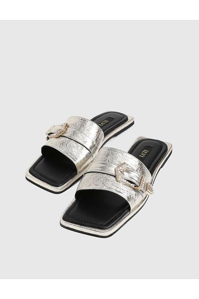 İLVİ Eliza Genuine Leather Gold Women's Slippers