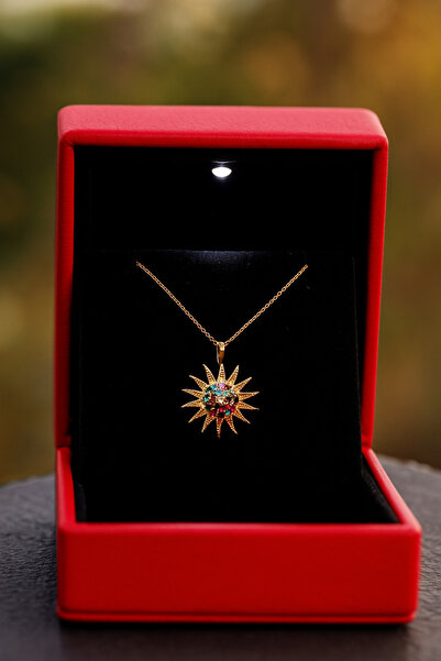 KAR DİAMOND Orijinal Gümüş Altın Kaplama Miks Taşlı Güneş Modeli Kolye - Sert...