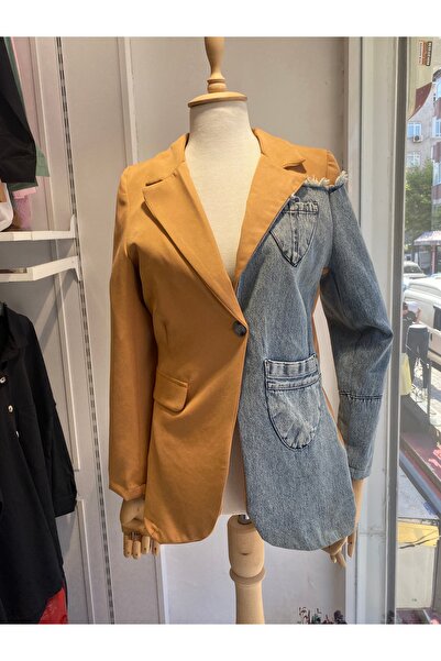 ekshe Kadın Yarı Kot Detaylı Yarı Dabl Kumaş Blazer Ceket