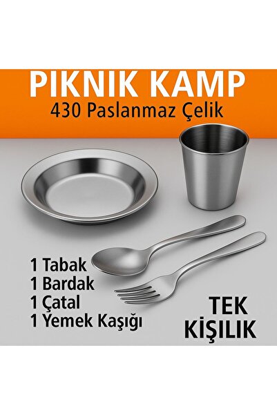 Metler Paslanmaz Çelik Kamp Piknik Seti 1 Kişilik| Tabak,Çatal,Kaşık,Bardak S...