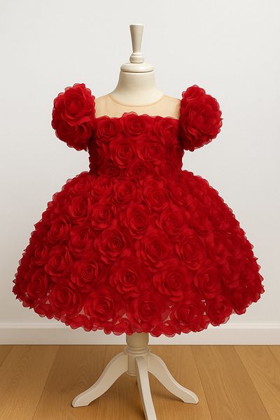MUSGEM Special Design Rose Flower Detailed Red Color Girl's Evening Dress