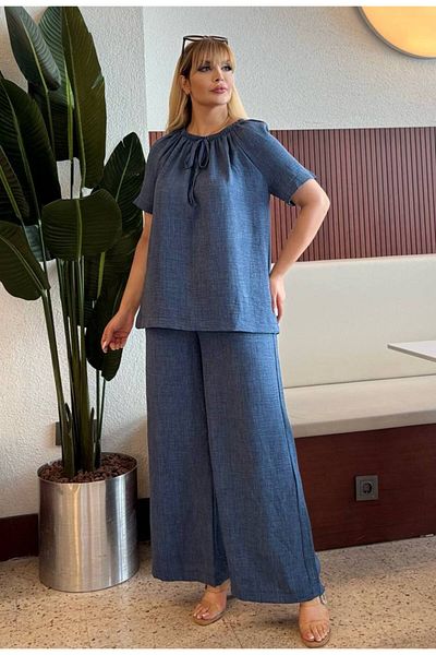 MODA Women's Large Size Lace up Madonna Collar Pocket Sofia Linen Suit