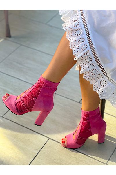 irmona Happy Fuchsia μοσχαρίσιο σουέτ Διχτυωτό Λεπτομερές κορδόνι Καλοκαιρινές μπότες με τακούνι
