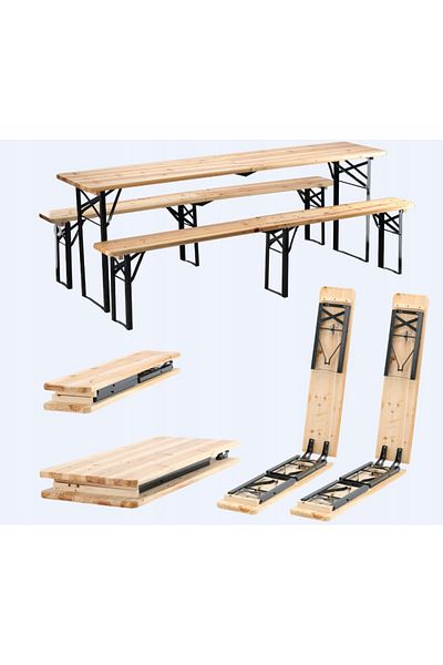 SERSIMO Set berarie din lemn masiv, plabil, pentru terasa sau gradina, o masa si doua banci, 220x50 cm