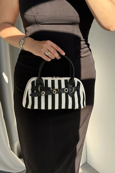 LEONAS Belt Detailed Crossbody Women's Hand and Shoulder Bag Zerith Black Striped