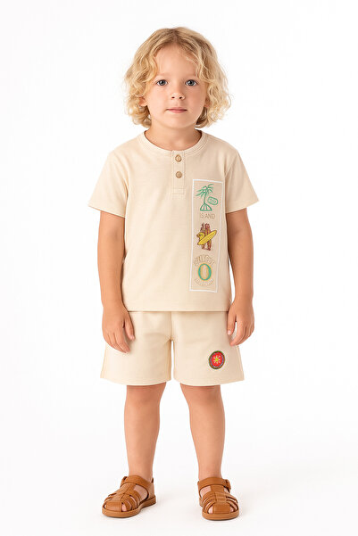 BABİDO Boy's Summer Suit 3/6 Years. Button Printed T-Shirt and Comfortable Shorts