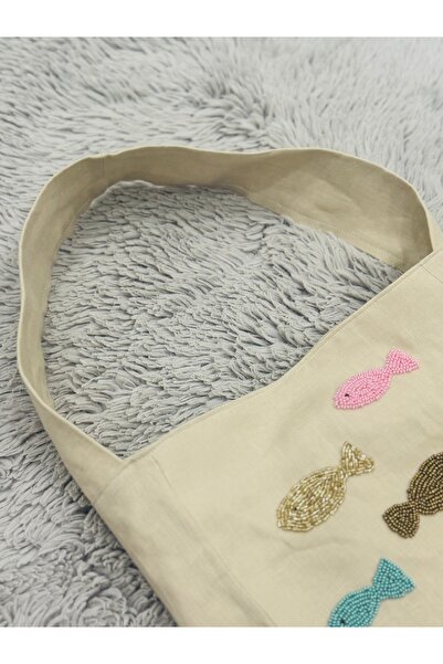 Tiny Boncuk işlemeli keten kol çantası