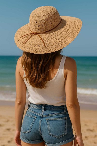WOHOME Lace Detail Wide Brim Summer Beach Hat-Women