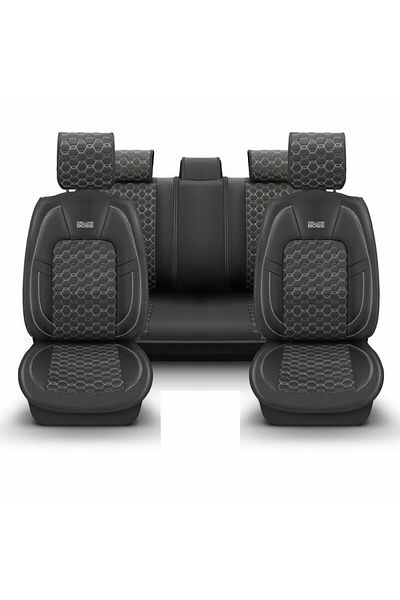 DELUXETUNING Set huse scaune auto piele ecologica negru si cusaturi maro, universale, fata-spate, Diamond Design