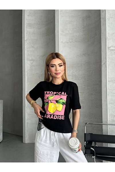 asur boutique تي شيرت نسائي من Asur Butik متوسط ​​الطول مطبوع عليه ليمون من ق...
