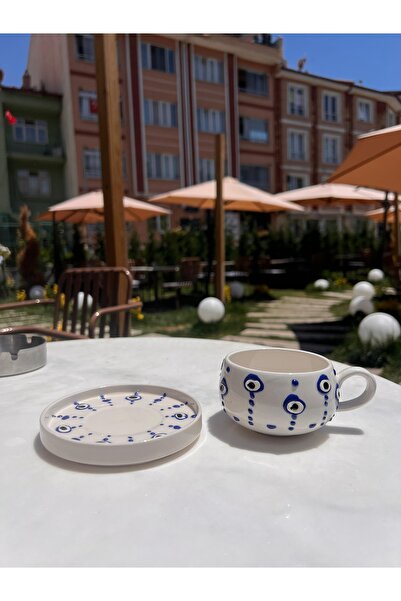 evlashop Nazar Boncuk Desenli Tabaklı Fincan/Mug/Kupa
