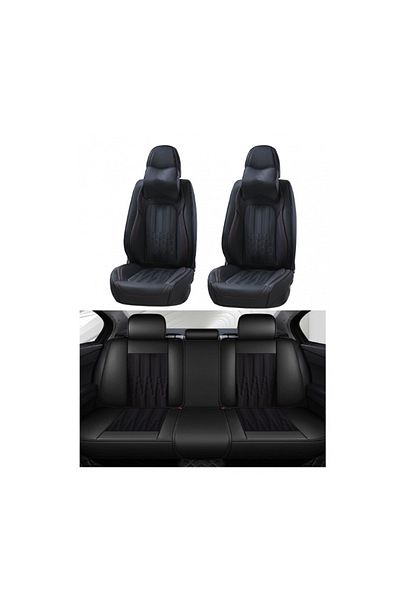 DELUXETUNING Set huse scaune auto universale, piele ecologica neagra, cusatura roise, fata-spate