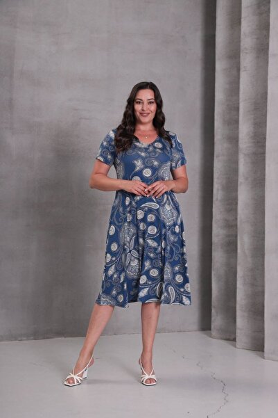 ZY BUTİK Plus Size Blue V Neck Short Sleeve Tile Pattern Combed Cotton Dress