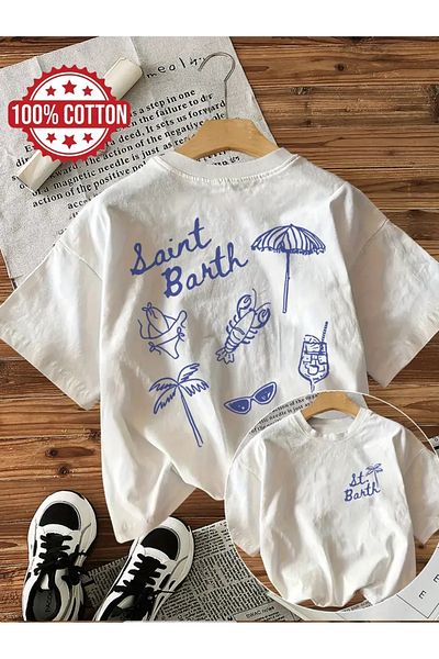 AEMİ Unisex Saint Barth εμπριμέ μπλουζάκι με υπερμεγέθη λαιμόκοψη