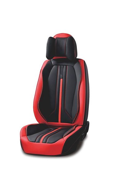 DELUXETUNING Set huse scaune auto universale, piele ecologica negru cu rosu, Sport Design fata-spate