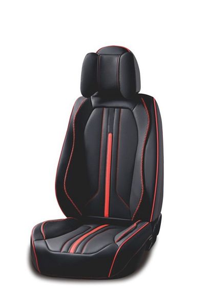 DELUXETUNING Set huse scaune auto universale, piele ecologica negru cu dunga rosie, Sport Design fata-spate