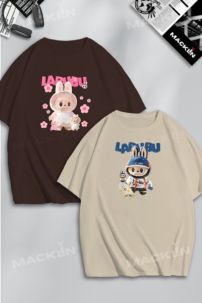 macklin Unisex Labubu Skateboard and Flower Printed Lover Couple Combination Design Oversize T-Shirt 2-Piece