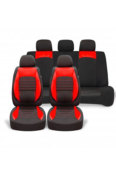 DELUXETUNING Set huse scaune auto universale, piele ecologica rosie cu material textil negru, fata-spate