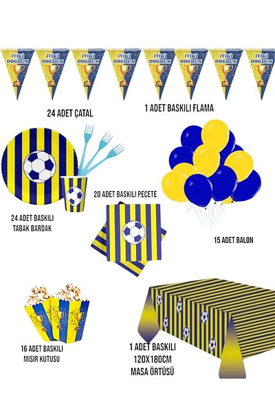 Evabrite Yellow Navy Blue Party Set - Special Fan Themed Birthday Concept for Children for 24 People