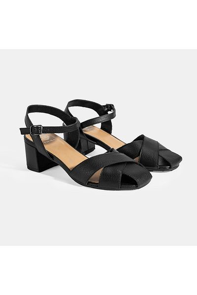 Desa Women's Black Adjustable Buckle Leather Heeled Sandals