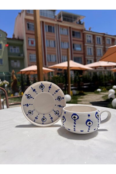evlashop Nazar Boncuk Desenli Tabaklı Fincan/Mug/Kupa