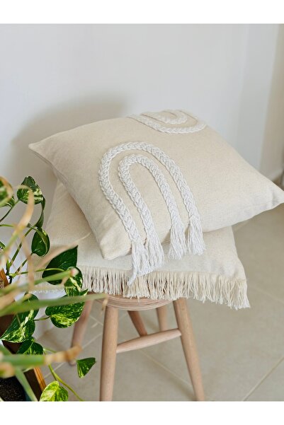 HOUSERİCH Special Design Macrame and Tassel Detailed 100% Cotton Handmade Set of 2 Throw Pillow Cases