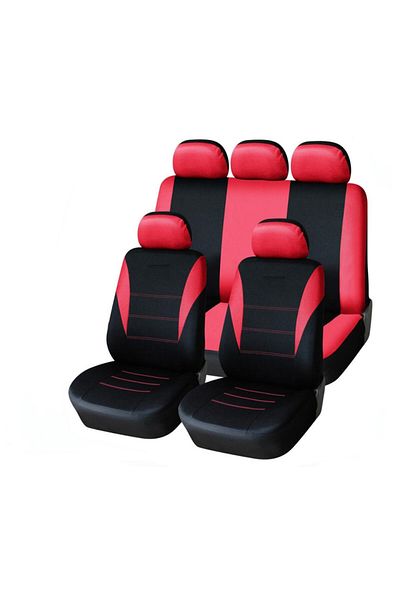 DELUXETUNING Set huse scaune auto, universale, fata-spate, Negru cu rosu, material textil, compatibil airbag
