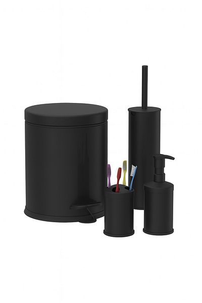 MultiStore Black 4-Piece Bathroom Set Set Pedal Trash Can Wc Toilet Brush Soap Dispenser Toothbrush Holder