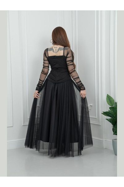 Nice Model Black Tulle Evening Dress Long Sleeve Formal Gown Beaded Waist Party Wear Women Plus Size