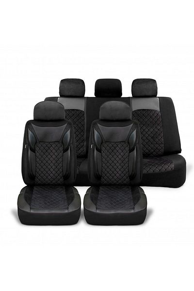 DELUXETUNING Set huse scaune auto universale, piele ecologica neagra cu material textil negru, fata-spate