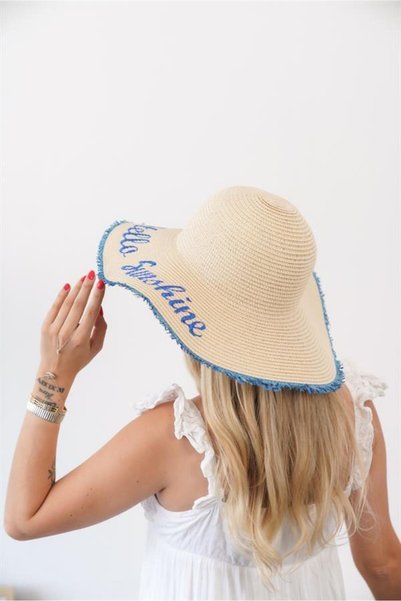 Zoe3 Style Women's Edt Beige Blue Straw Hat with Text Detail