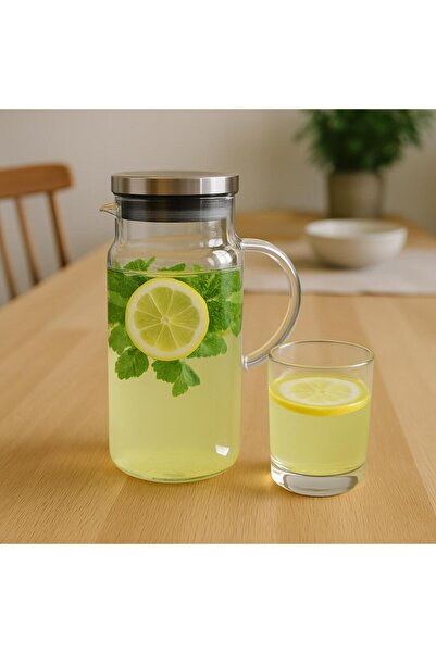 ENYAZA(2024) Metal Vakum Kapaklı 1500 Cc Borosilikat Cam Meşrubat Su Sürahi P...