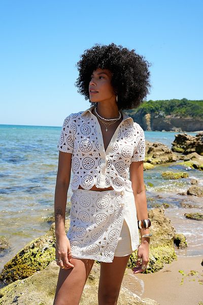 ASEDE Premium Raw Lace Guipure Embroidered Short Sleeve Shirt Shorts Skirt Set