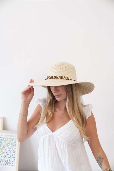 Zoe3 Style Women's Angl Beige - Beige Brown Bead Detailed Straw Hat